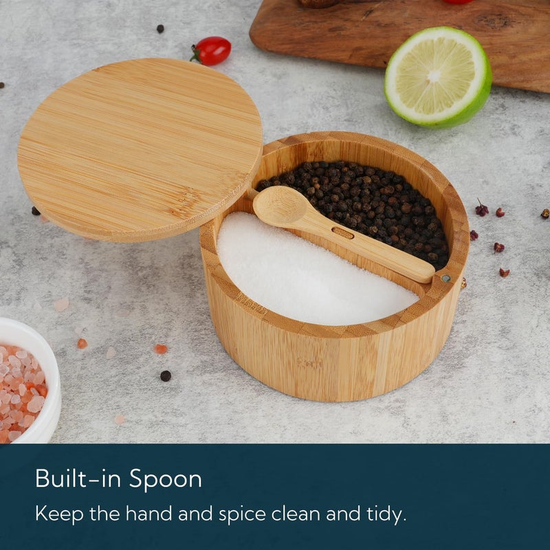 KITCHENDAO Bamboo Salt and Pepper Bowl Box Cellar Container Divided, Built-in Serving Spoon to Avoid Dust, Swivel Lid to Keep Dry, Sea Salt Spice Seasoning Keeper Holder, Dual 7 Ounce Capacity - Image 3